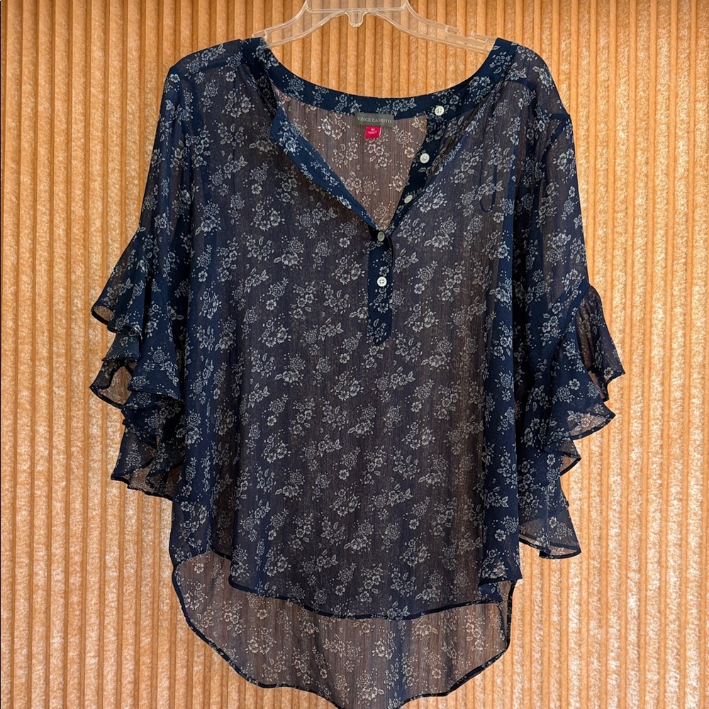 Vince Camuto Floral Navy Sheer Women's Top